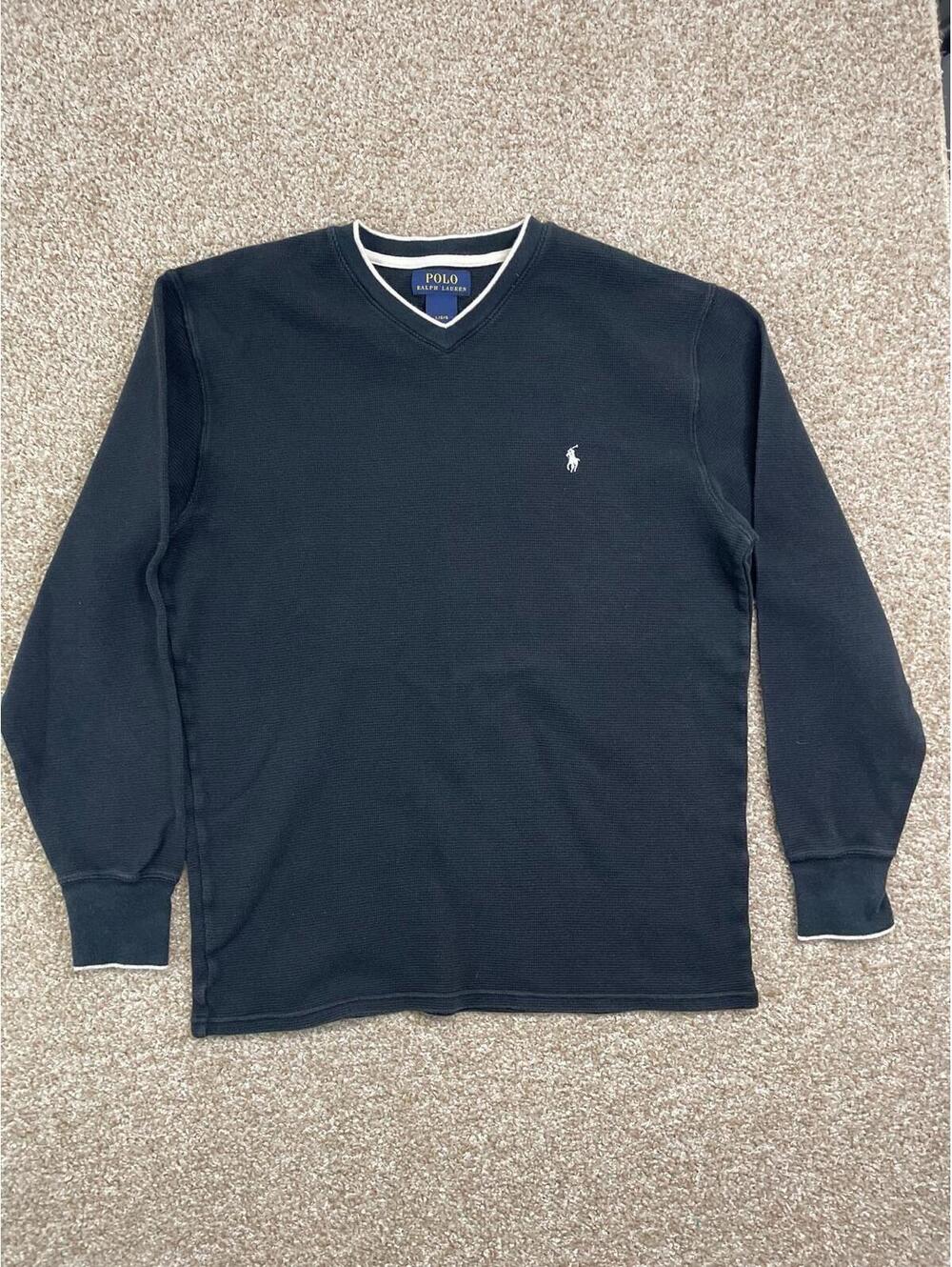 Vtg Polo Ralph Lauren Shirt Mens Large Black Cotton Thermal Waffle Knit V-Neck